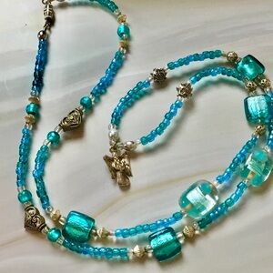 Turquoise Blue Glass Bead Necklace with Angel Charm